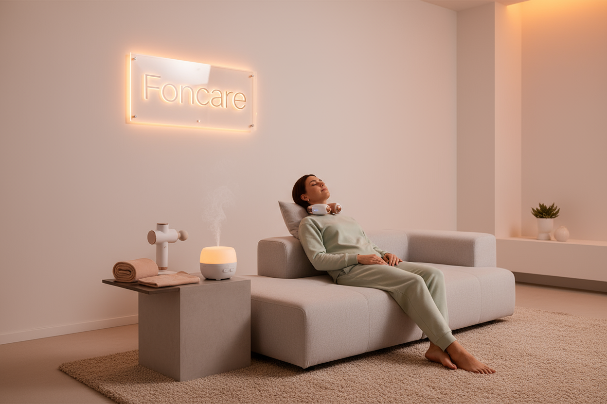 add a wall signage with the clear glowing text "Foncare"